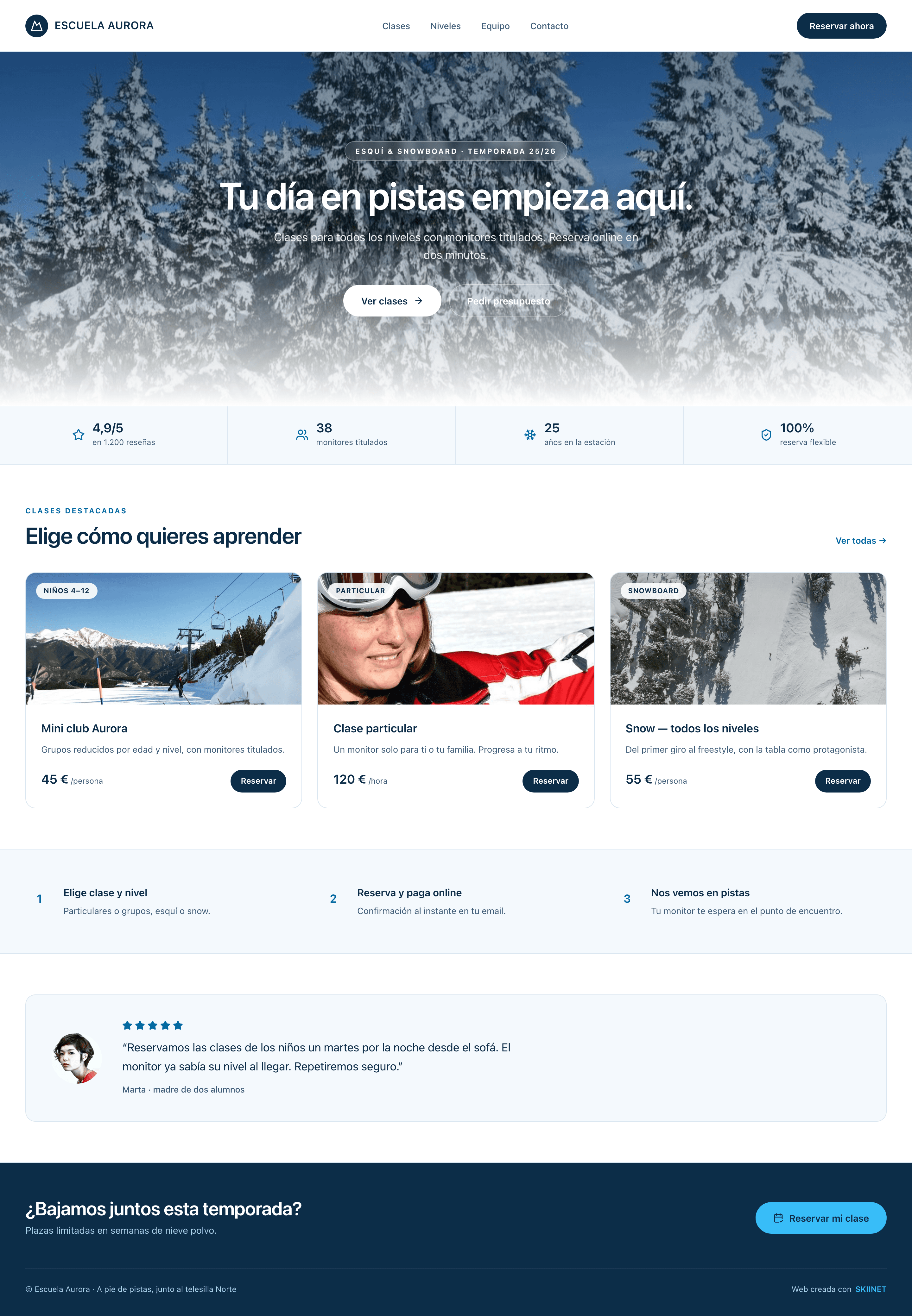 Plantilla Glaciar — web de escuela creada con SKIINET, página completa